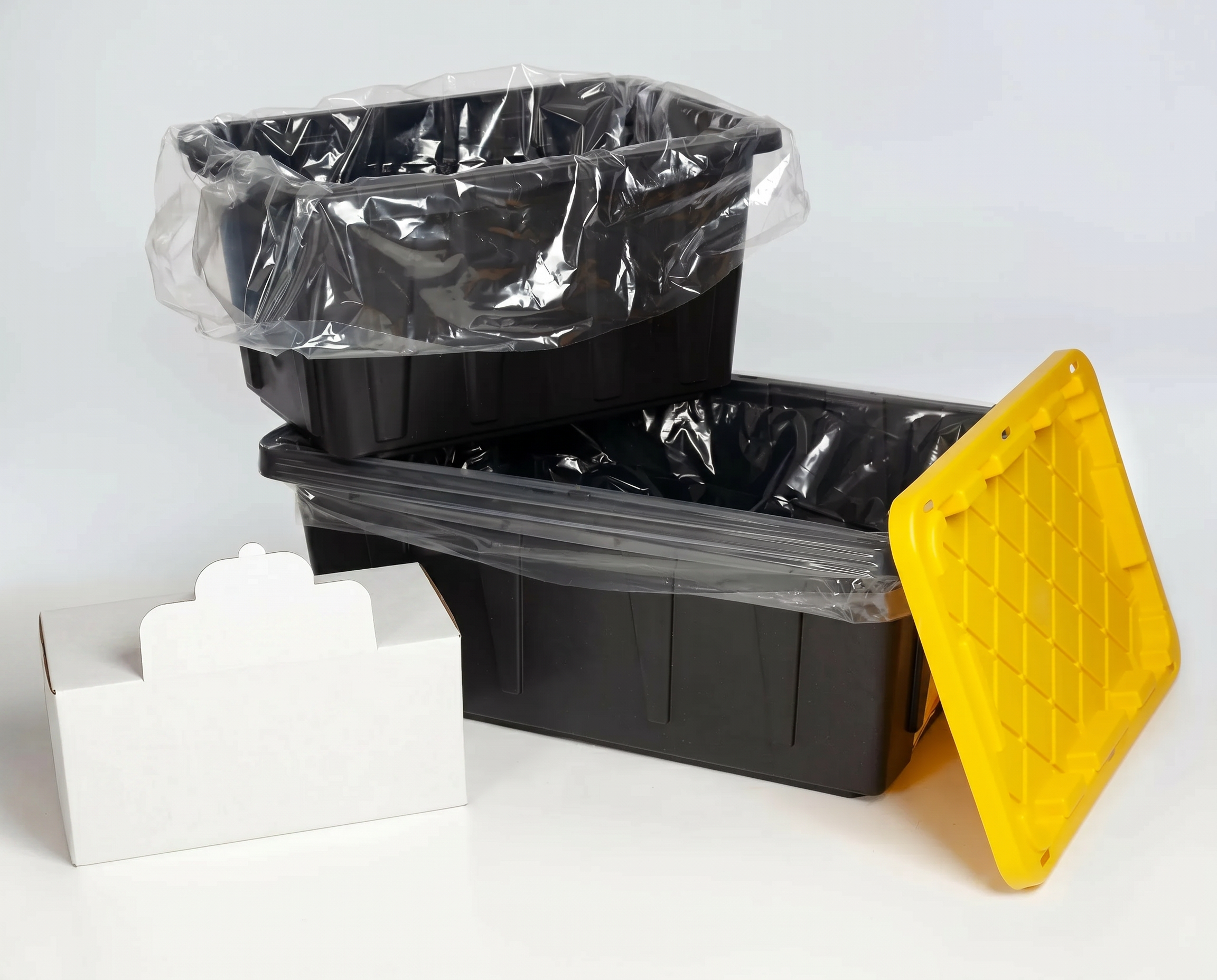 Heavy-duty tote liners with dispensing box and industrial storage totes